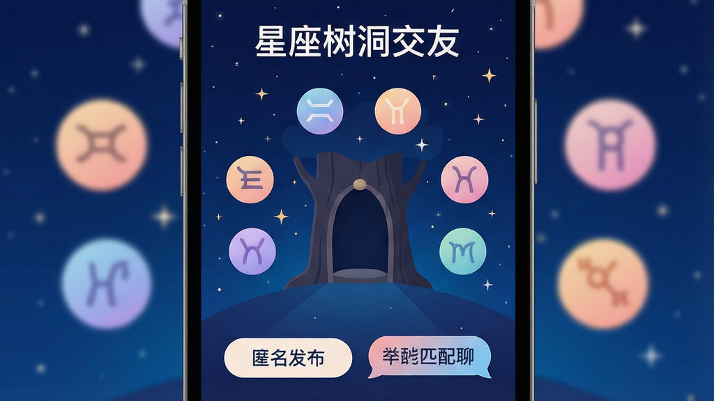 一张手机屏幕展示界面,画面中央是深蓝色星空背景下的树洞入口,周围环绕十二星座符号图标,顶部显示文字