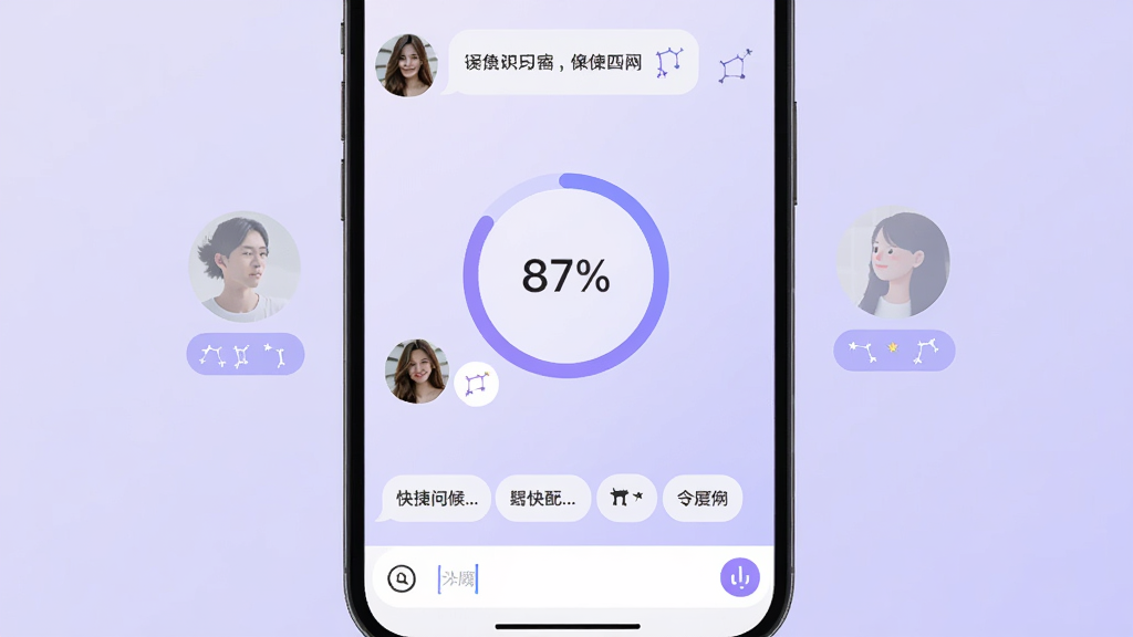 手机聊天界面展示图,画面左右两侧分别显示两个用户头像和星座标签,中间有匹配度环形进度条显示