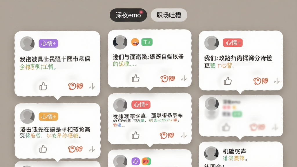 手机应用广场页面展示图,画面为瀑布流卡片布局,每张卡片显示匿名头像、心情标签和简短文字,卡片底部有点赞和抱抱图标,顶部有筛选标签栏显示