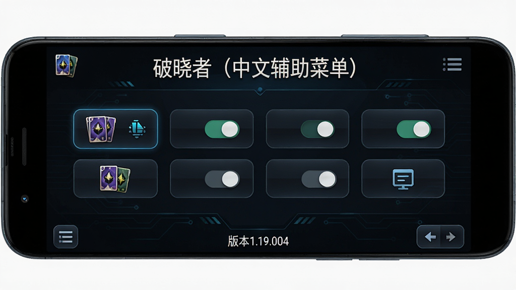 破晓者(中文辅助菜单)软件主界面预览图,主体为安卓手机屏幕展示,布局为上下结构,上方显示软件名称