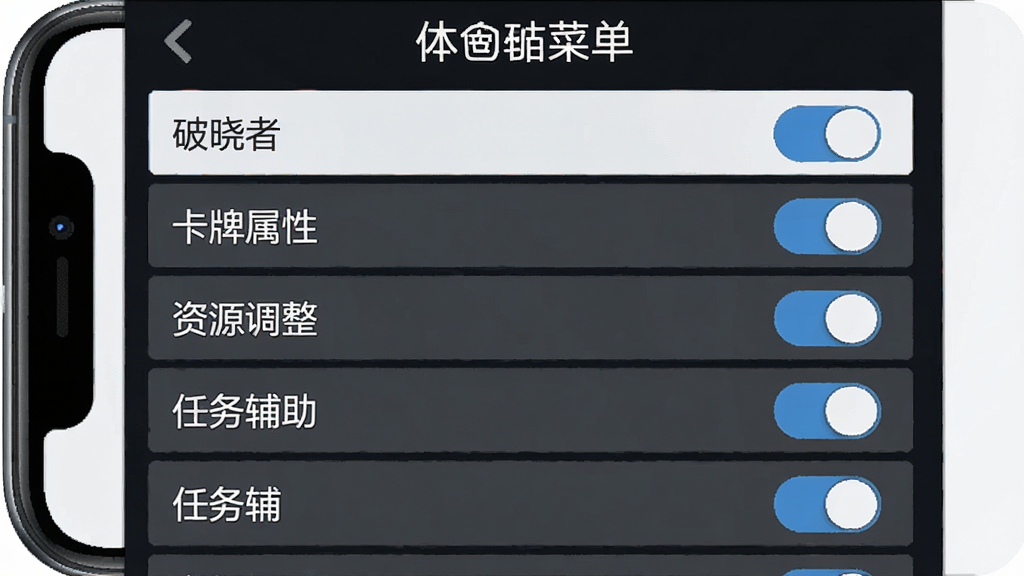 破晓者(中文辅助菜单)功能界面截图,主体为手机屏幕展示中文菜单列表,布局为纵向排列的功能选项,排版左侧为功能名称右侧为开关按钮,风格为简洁明快的游戏辅助工具界面,细节包含