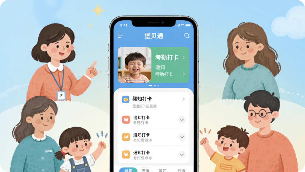 画面中央展示一部智能手机,手机屏幕显示“堡贝通”APP的首页界面,界面中有孩子照片、考勤打卡、通知列表等模块,手机周围环绕着幼儿园老师、家长和孩子的手绘风格插画,背景是温暖明亮的浅蓝色渐变,整体采用扁平化UI设计风格,色彩柔和干净,画质清晰,无多余杂乱元素