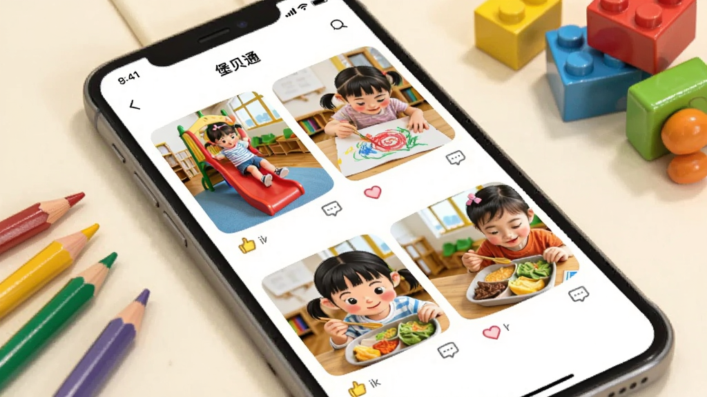 手机屏幕展示“堡贝通”班级圈界面,屏幕中排列着多张孩子在幼儿园活动的照片,有滑滑梯、画画、吃午餐等场景,每张照片下方有点赞和评论图标,手机旁边散落着彩色铅笔和玩具积木,画面采用清新明亮的插画风格,细节丰富,画质干净