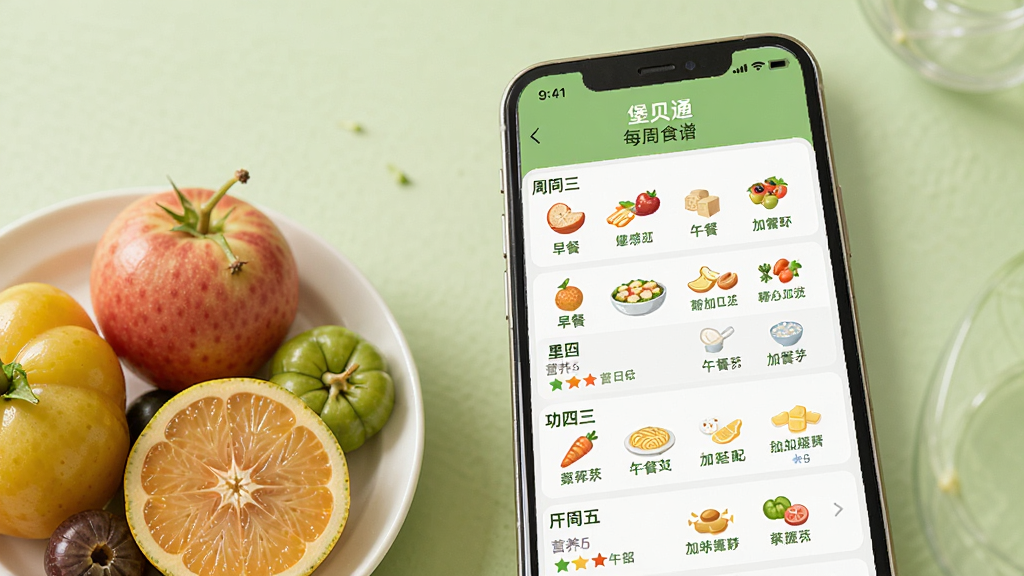 手机屏幕展示“堡贝通”每周食谱页面,界面中有周一至周五的早餐、午餐、加餐搭配,配有食物小图标和营养标签,手机旁边摆放着新鲜水果和蔬菜,背景是淡绿色,整体呈现健康清新的视觉风格,画质细腻,画面干净整洁