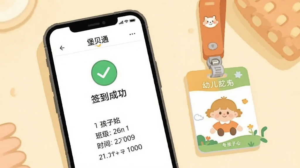一部手机屏幕显示“堡贝通”考勤打卡成功页面,上方有绿色对勾图标和“签到成功”字样,下方显示孩子姓名、班级、时间等信息,手机旁边放着幼儿园接送卡,背景是柔和的暖色调,扁平化插画风格,画面干净整洁,画质清晰
