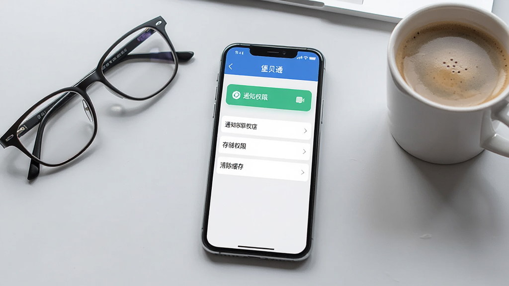 手机屏幕展示“堡贝通”APP的设置页面,页面中有通知权限、存储权限、清除缓存等选项,手机旁边放着一副眼镜和一杯咖啡,背景是浅灰色办公桌面,整体风格简约商务,画质清晰,画面干净无杂乱元素