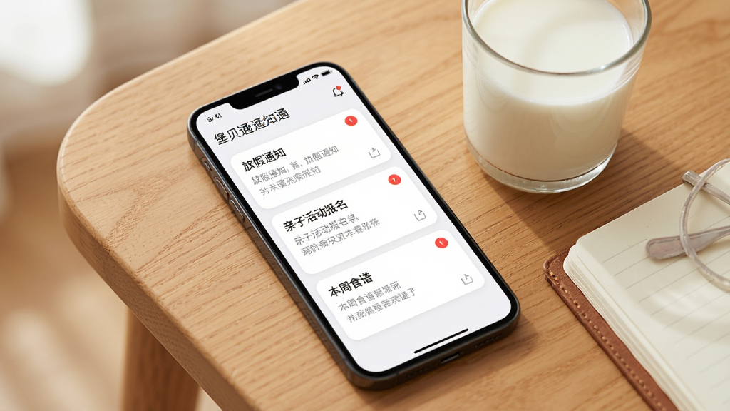 一部手机显示“堡贝通”通知列表页面,屏幕上有“放假通知”“亲子活动报名”“本周食谱”等卡片式消息,每条消息带有红色未读圆点,手机放置在木质桌面上,旁边有一杯热牛奶和一本笔记本,整体风格简约温馨,画质清晰,无多余元素