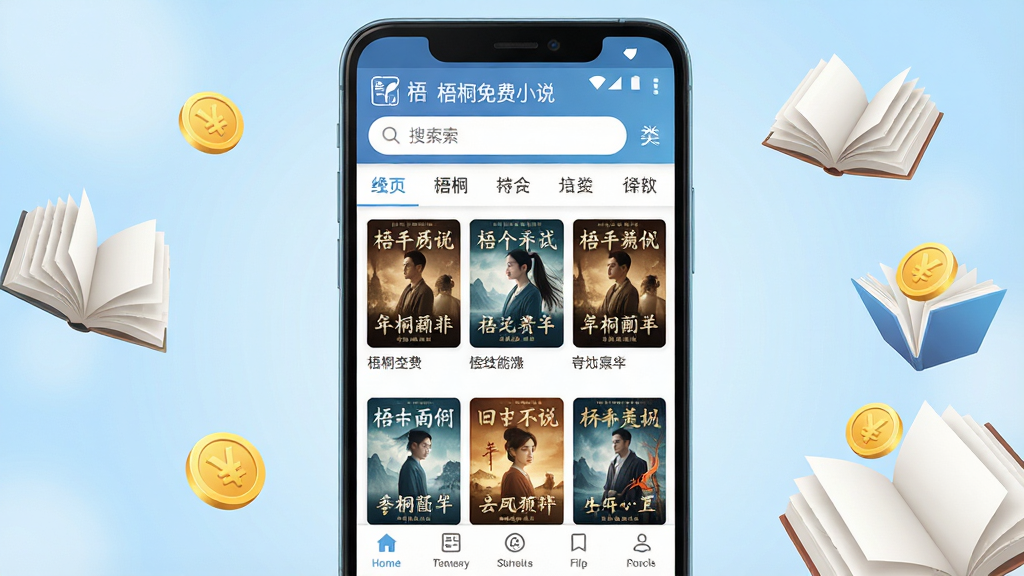 一张展示“梧桐免费小说”应用主界面的手机样机图,画面中央是一部竖屏安卓手机,屏幕内显示小说书架页面,顶部有搜索栏和分类标签,中部排列着多本小说封面,底部导航栏清晰可见。背景为柔和浅蓝色渐变,周围漂浮着几本翻开的书籍和金币图标,整体风格清新简洁,画质高清,干净无多余元素