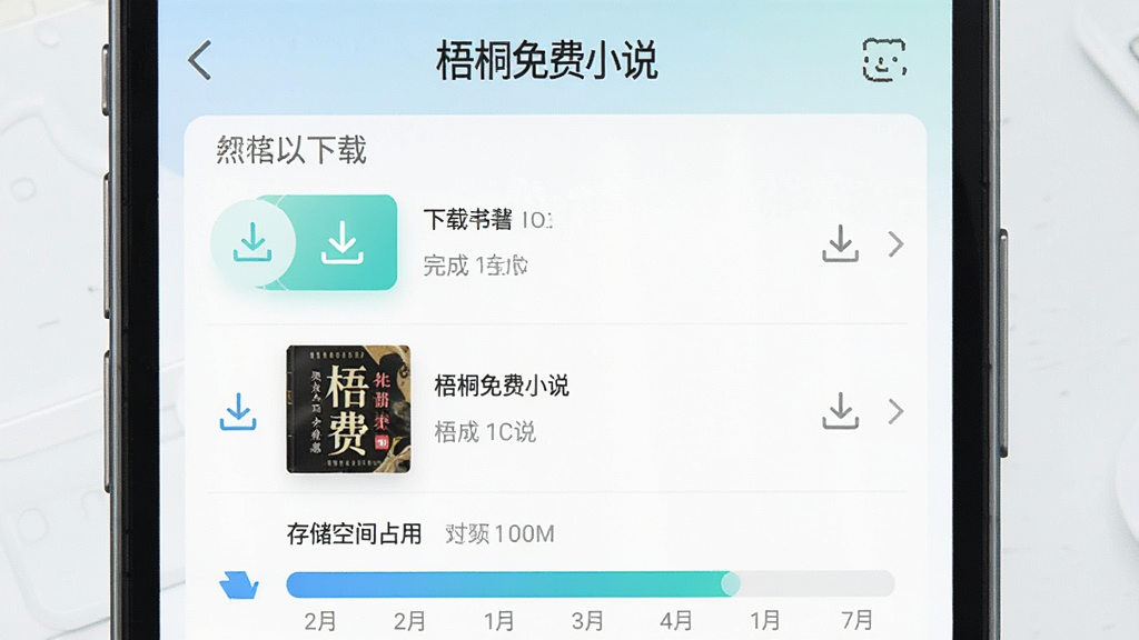 一幅表现“梧桐免费小说”离线缓存管理页面的图片,手机屏幕内显示已下载书籍列表和存储空间占用条。排版采用列表式布局,风格为清新浅色,细节上突出下载完成图标与书籍封面,画质高清,背景干净