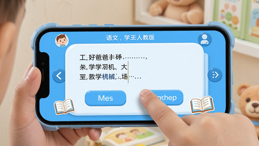 好爸爸学习机人教版点读界面,手机屏幕上显示语文课文和英语单词点读按钮,孩子手持手机点击课文句子,界面干净清爽,蓝色主色调,书本元素点缀,画质清晰,无多余元素