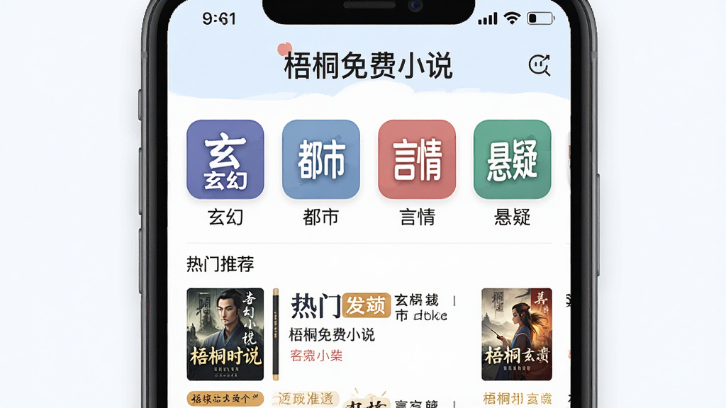 一幅展示“梧桐免费小说”书城分类页面的图片,画面主体为手机屏幕特写,屏幕中呈现玄幻、都市、言情、悬疑等多个彩色分类图标,下方有热门小说推荐列表。布局采用居中构图,风格为扁平化插画,细节上突出书籍封面与标签,画质清晰明亮,背景干净无杂乱元素