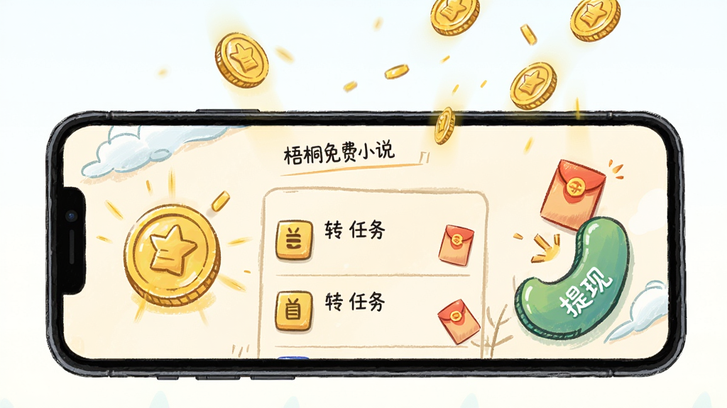 一张表现“梧桐免费小说”金币福利中心的界面图,手机屏幕内显示金币图标、任务列表和提现按钮,画面中有金币飘落的动态效果。排版采用上下结构,风格为卡通手绘,细节上强调金币与红包元素,画质高清,干净整洁