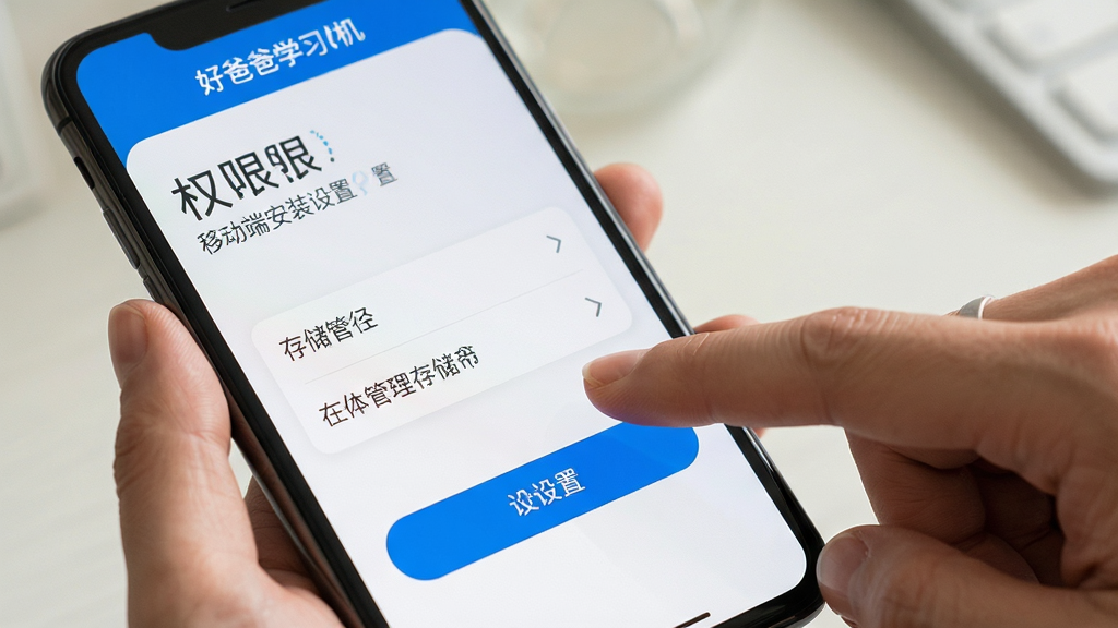 好爸爸学习机移动端安装设置界面,手机屏幕显示权限管理和存储路径选择页面,家长手指点击设置选项,界面清晰直观,蓝色高亮按钮,画质清晰,无多余元素