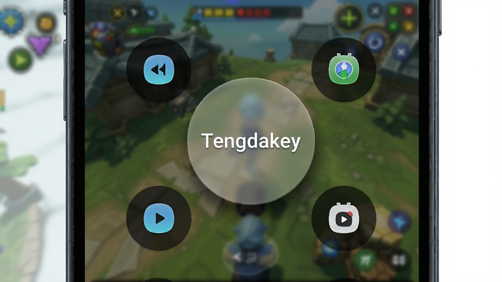 一张展示Tengdakey在安卓手机上运行时的悬浮控制面板特写图,画面中手机屏幕显示一个半透明的圆形悬浮按钮,周围环绕着多个快捷操作图标,背景为模糊的游戏界面,布局采用居中特写构图,风格为科技感UI设计,细节上突出悬浮按钮的阴影效果和图标的光泽感,画质清晰干净,无多余元素,图片中文字标注“Tengdakey”