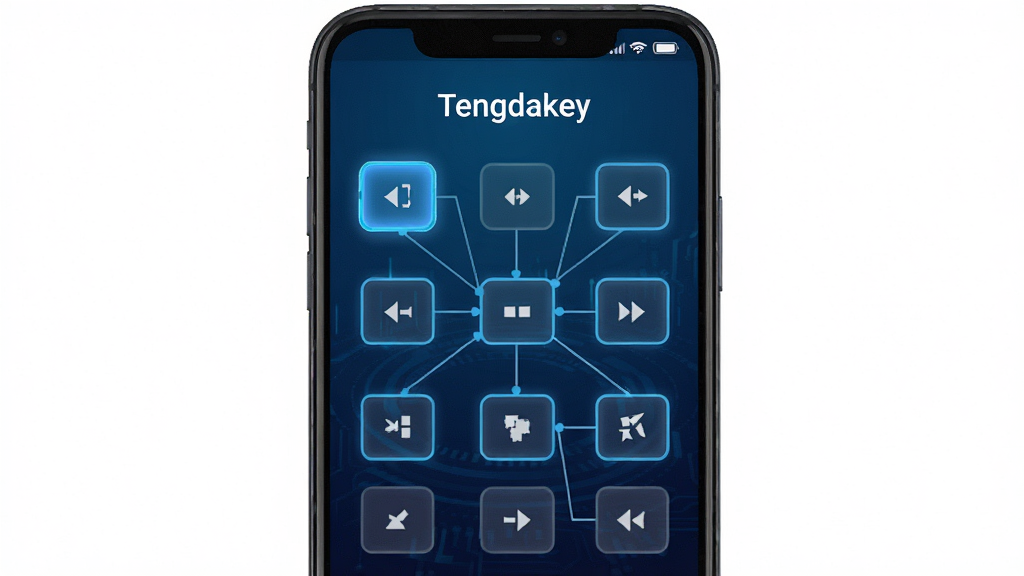 一张展示Tengdakey软件核心功能的全景图,画面中央是安卓手机屏幕,屏幕上显示Tengdakey的按键映射配置界面,界面中包含多个可拖拽的虚拟按键图标,背景为深蓝色科技感渐变,布局采用居中构图,风格为现代扁平化UI设计,细节上突出按键的高亮边框和连接线条,画质清晰干净,无多余元素,图片中文字标注“Tengdakey”