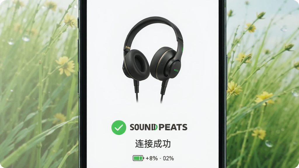 主体为手机屏幕显示SOUNDPEATS应用连接成功界面,布局为手机居中,排版为上方耳机图片下方连接成功文字和电量信息,风格为明亮清新风,细节包括绿色对勾图标、耳机渲染图和电量百分比,画质高清干净,图片中文字为