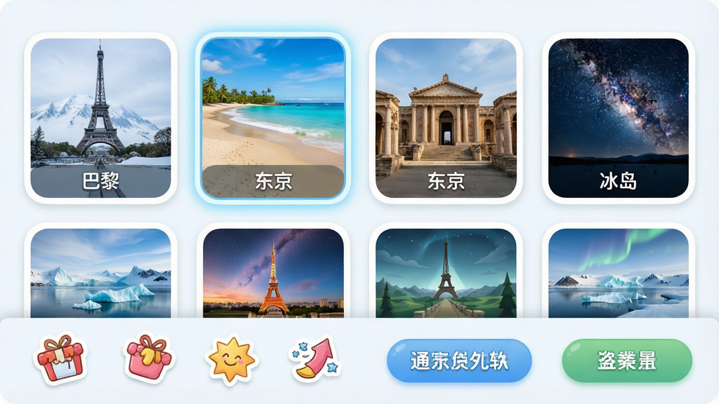 穿越任意门软件场景模板选择界面,画面展示网格状排列的多个场景缩略图,包含雪山、海滩、古城、星空等,每个缩略图带有标签文字如“巴黎”“东京”“冰岛”,界面底部有动态贴纸与文字按钮,整体采用圆角卡片布局,风格清新明亮,细节包含选中状态的高亮边框与微光效果,画质清晰干净,无多余元素
