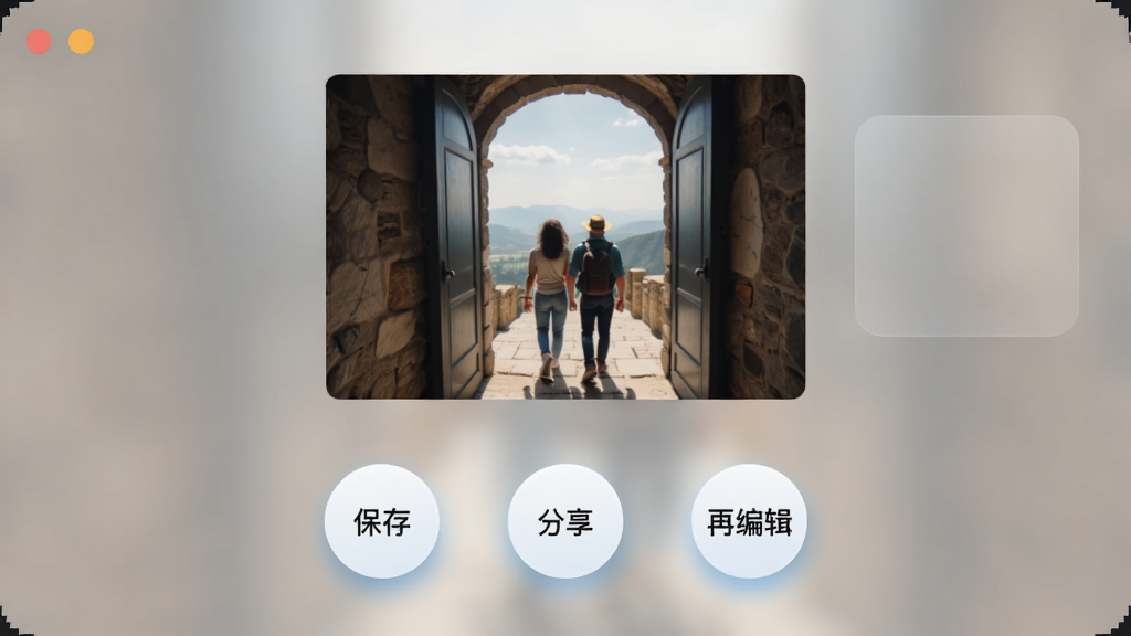 穿越任意门软件作品保存与分享界面,画面展示一张合成完成的旅行照片,照片下方有保存、分享、再编辑三个圆形按钮,背景为浅色毛玻璃效果,风格简约现代,细节包含按钮的微光与投影,画质清晰干净,无多余元素