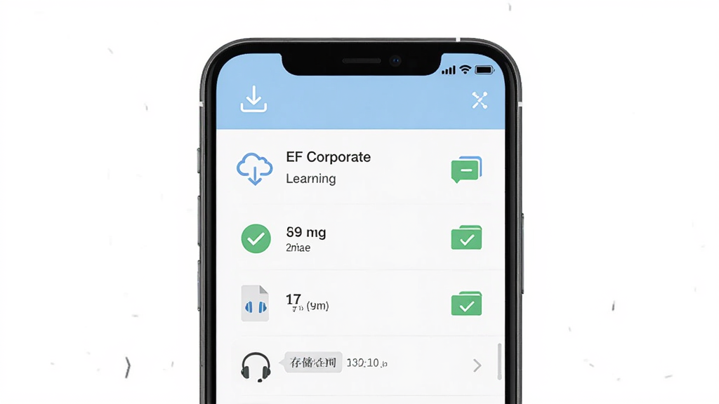 主体为EF Corporate Learning离线下载功能展示,布局为手机屏幕内显示下载管理列表,排版为顶部下载图标与底部存储空间提示,风格为清爽浅色,细节包括云朵下载箭头、对勾标记、文件大小标签、耳机图案,画质高清干净无多余元素