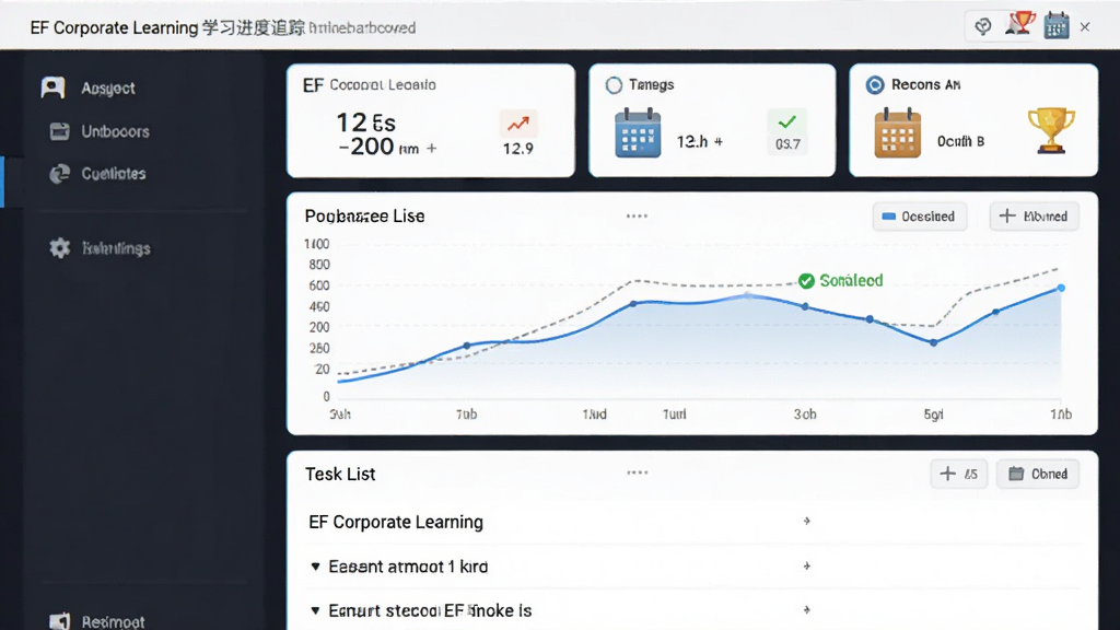 主体为EF Corporate Learning学习进度追踪仪表盘,布局为上方数据卡片、中间折线图、下方任务列表,排版为纵向滚动式界面,风格为现代数据可视化,细节包括蓝色折线、绿色完成标记、日历图标、奖杯图标,画质高清干净无多余元素