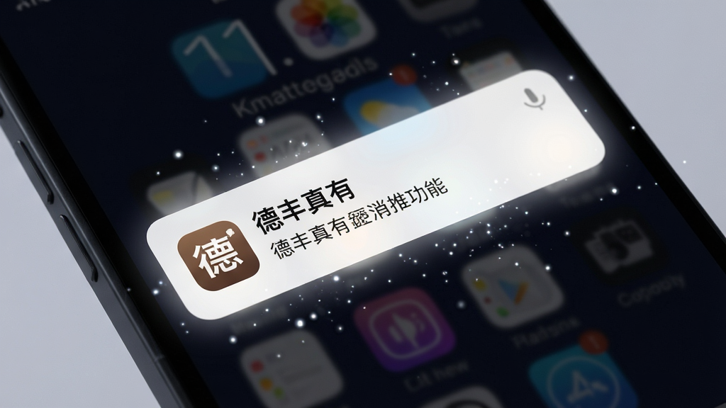 一张表现“德丰真有”消息推送功能的场景图。画面为手机锁屏界面特写,屏幕上显示一条来自“德丰真有”的通知卡片,卡片设计简洁,带有应用图标和简短文字。手机背景为深色,通知卡片发出柔和白光,周围有细微的粒子效果,突出提醒感。整体风格写实且干净,画质细腻,无杂乱元素。