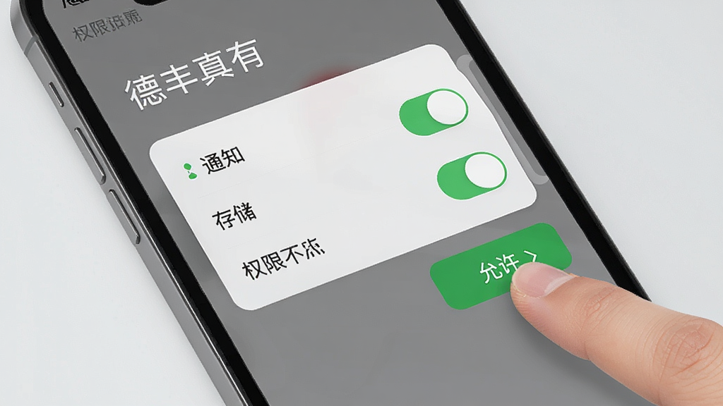 一张展示“德丰真有”安装与权限设置引导的示意图。画面为手机屏幕特写,屏幕上显示权限管理界面,有通知、存储等开关选项,旁边有一只手正在点击“允许”按钮。背景为浅灰色,风格简洁直观,细节清晰,画质干净,无多余元素。