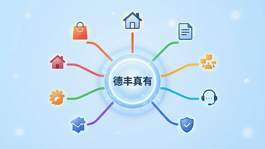 一幅突出“德丰真有”一站式服务能力的AI生图。画面中心是一个发光的圆形枢纽,向外延伸出多条彩色线条,分别连接着购物袋、房屋、文件、客服耳机等简约图标,象征多种服务汇聚于一个平台。背景为浅蓝渐变,风格简洁科技感,布局居中对称,细节干净利落,画质清晰,无多余文字与装饰。