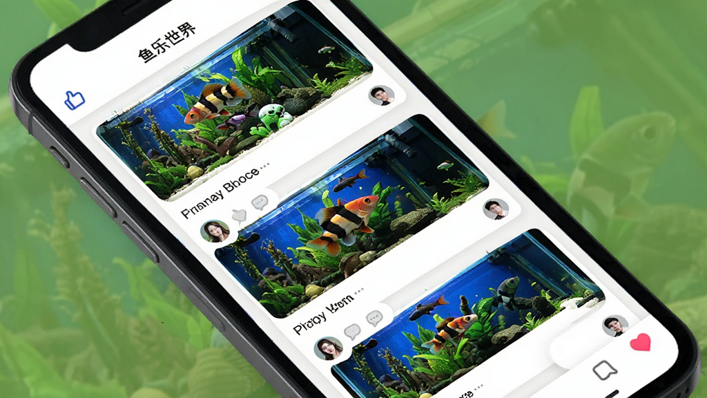 鱼乐世界社区页面展示图,手机屏幕显示用户晒鱼缸的照片流与评论区,布局瀑布流卡片,风格社交应用界面,细节有点赞图标、评论气泡、用户头像,画质高清,干净,无多余元素