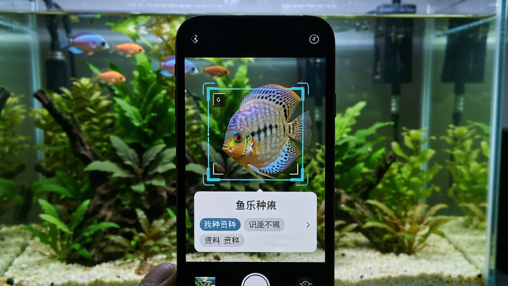 鱼乐世界鱼种识别功能展示图,手机摄像头对准鱼缸中的七彩神仙鱼,屏幕出现识别框与鱼种名称卡片,布局手机居中,背景是水草造景,风格真实拍摄感,细节有识别进度圈与资料标签,画质高清,干净,无多余元素