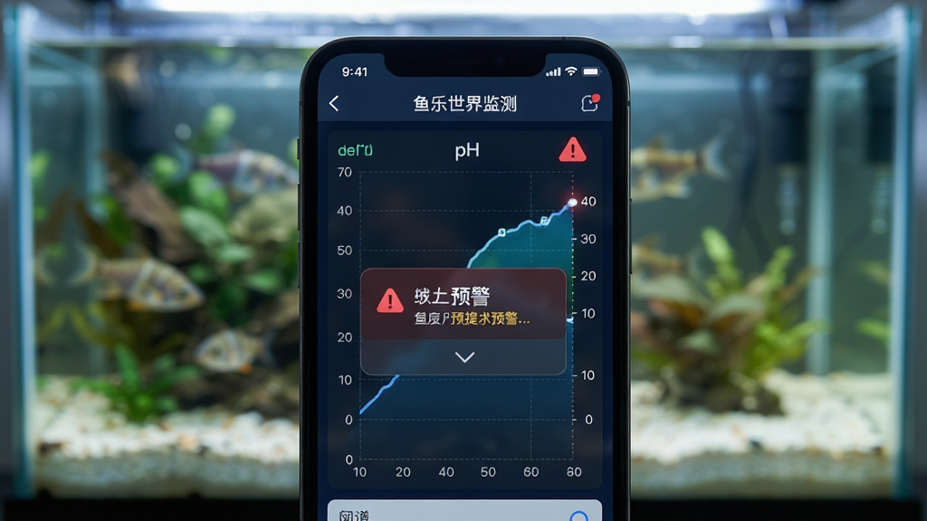 鱼乐世界水质监测界面特写图,画面中央是手机屏幕显示折线图与预警提示弹窗,背景是水族箱内景虚化,布局居中,风格数据可视化写实,细节包含温度曲线、pH刻度、红色警示图标,画质高清,干净,无多余元素