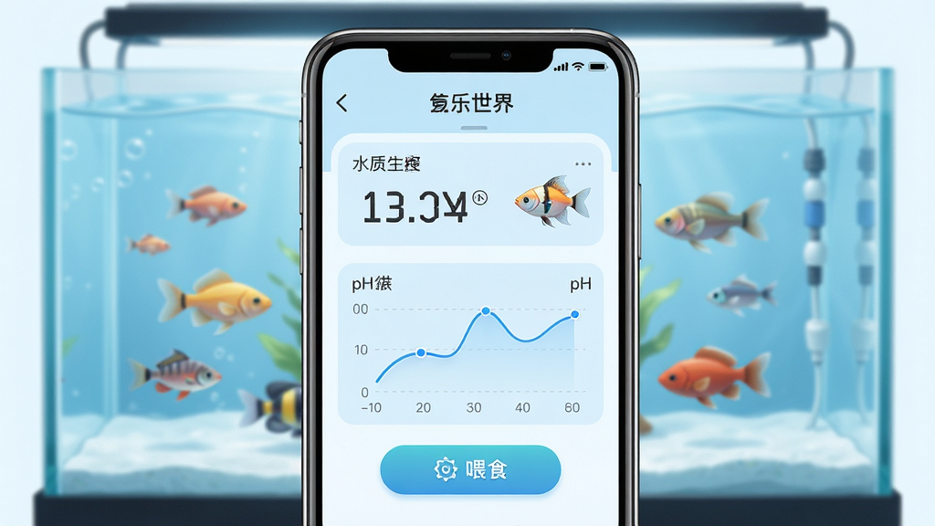 一张手机屏幕展示鱼乐世界应用主界面的场景图,画面中央是手机竖屏,屏幕内显示鱼缸水质数据面板与观赏鱼插画,背景是干净的浅蓝色水族箱环境,布局居中对称,风格清新写实,细节包含水温数值、pH曲线、喂食按钮图标,画质高清,干净,无多余元素