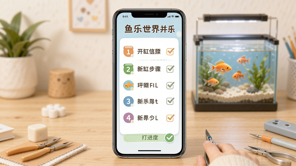 鱼乐世界新手引导页面图,手机屏幕显示开缸步骤清单与打勾进度,背景是整洁的桌面与小鱼缸,布局居中,风格温馨教学,细节有步骤编号与图标,画质高清,干净,无多余元素