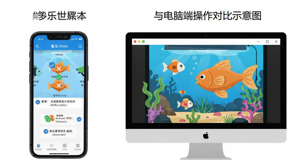 鱼乐世界手机端与电脑端操作对比示意图,左侧手机显示移动界面,右侧电脑显示器显示模拟器窗口,布局左右对照,风格扁平化说明图,细节有勾叉图标与文字标签,画质高清,干净,无多余元素