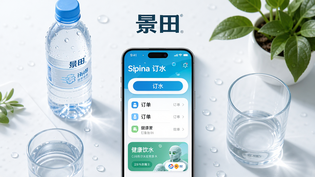 画面中央放置一部智能手机,手机屏幕显示“景田”应用主界面,界面包含订水按钮、订单列表和健康饮水知识卡片;手机周围环绕清澈的矿泉水瓶、水杯和绿色植物;布局采用居中构图,上方留白放置品牌名称;风格为现代简约科技风,色调以蓝白绿为主;细节包括水珠质感、圆角图标和柔和阴影;画质清晰,干净明亮,无多余元素