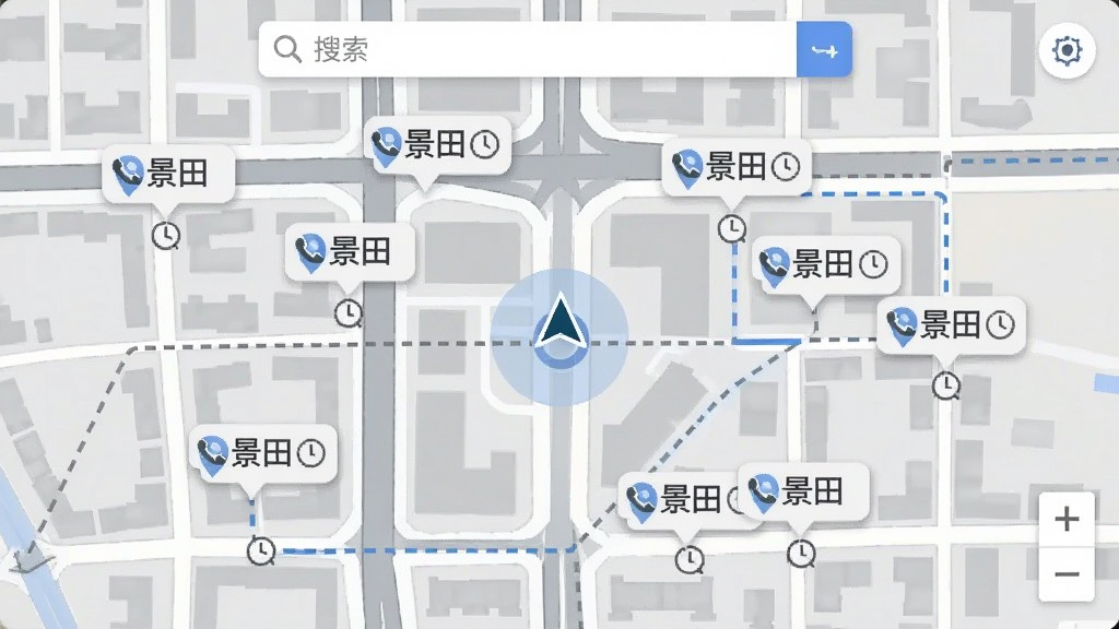 画面呈现一张城市地图俯视图,地图上标注多个“景田”服务网点图标,每个图标旁有电话和时钟小标识;地图中央有一个定位光标,周围有道路和建筑轮廓;布局采用全屏地图铺底,上方悬浮搜索框;风格为扁平化地图设计,色调以灰白蓝为主;细节包括网点气泡、路线虚线和缩放控件;画质清晰,干净整洁,无多余元素