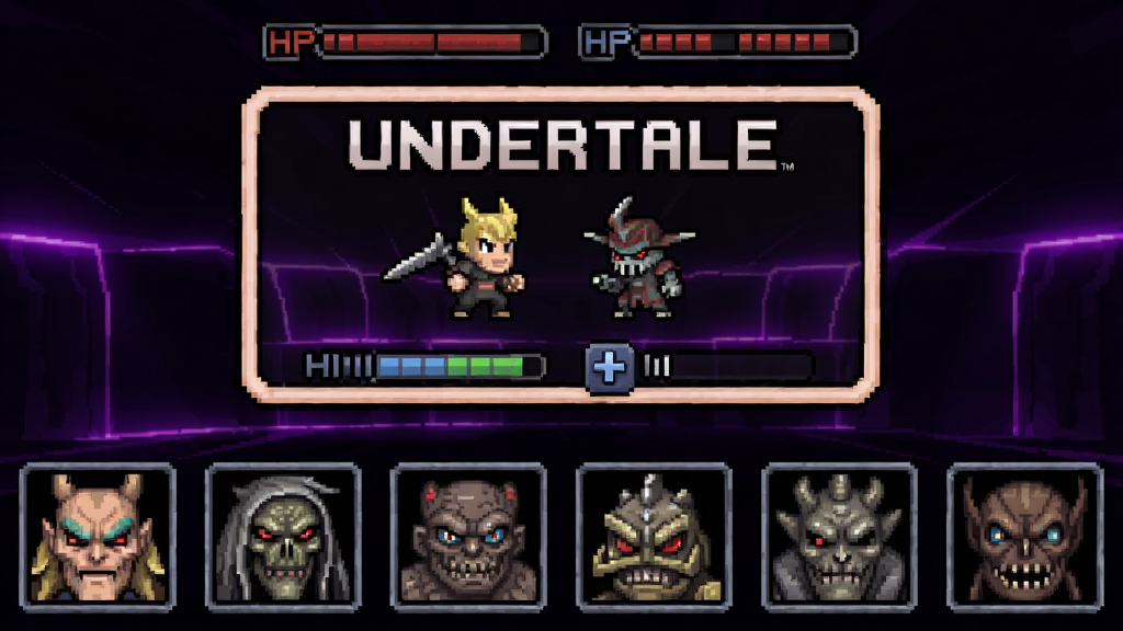 传说之下boss模拟游戏主界面预览图,画面中央是Undertale标志性的像素风格战斗框,下方排列着多位BOSS的头像图标,背景为深色带有紫色霓虹光效,整体布局简洁清晰,风格为复古像素游戏界面,细节包括像素化的HP血条与按钮,画质清晰,干净,无多余元素
