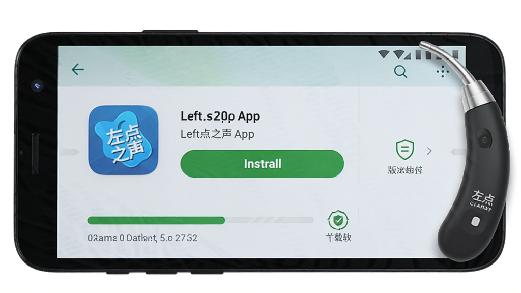 画面主体是一部安卓手机显示左点之声App的下载页面,页面中有安装按钮和版本信息,手机旁边有左点助听器。布局为手机居中,背景为简洁的白色。排版干净,风格为应用商店截图风格,细节包括清晰的图标、下载进度条、安全标识。画质高清,画面干净,无多余元素。