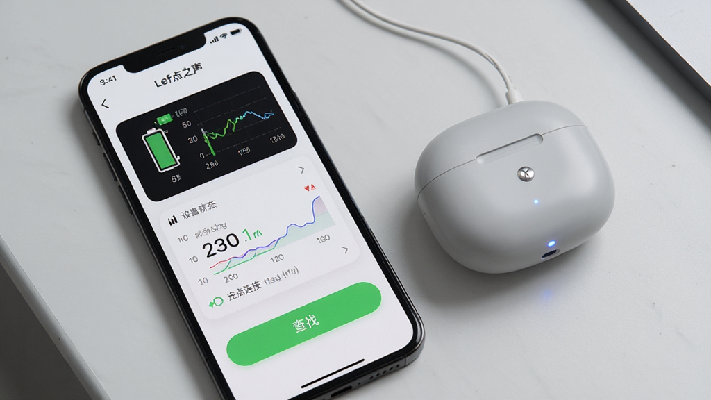 画面主体是一部手机显示左点之声App的设备状态页面,页面中有电量图标、连接状态和查找按钮,旁边放置着左点助听器充电盒。布局为手机与充电盒斜角摆放,背景为浅灰色桌面。排版清晰,风格为产品功能展示图,细节包括屏幕上的数据图表、充电盒的指示灯。画质高清,画面干净,无多余元素。
