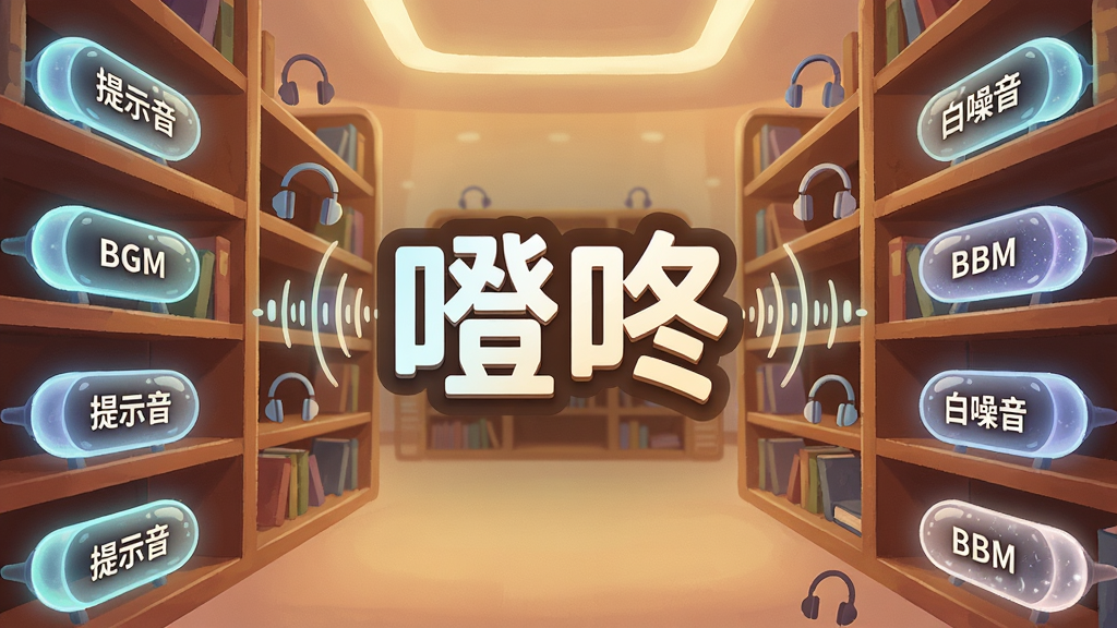 一个巨大的虚拟声音图书馆场景,书架上排列着发光的声音胶囊,每个胶囊上标注着“提示音”“BGM”“白噪音”等字样,画面中央有一个醒目的“噔咚”标志,布局采用对称式构图,风格为科技感与温馨感结合的插画,细节上展现声音波纹和耳机图标,画质精美,干净无杂乱元素