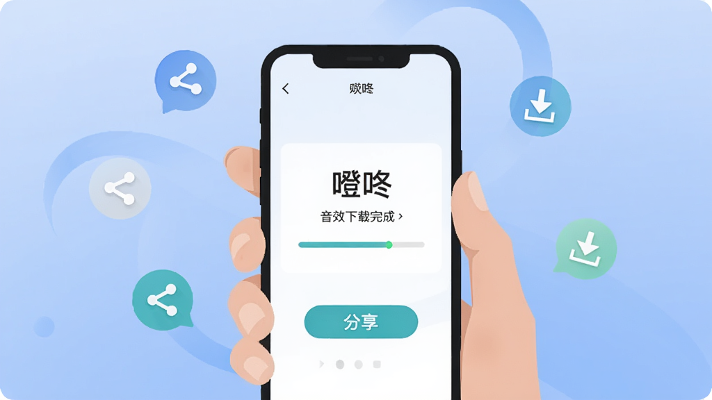 画面展示一只手拿着手机,手机屏幕显示“噔咚”软件中一个音效下载完成的提示,周围有分享图标和下载箭头环绕,背景是柔和的渐变蓝色,布局以手机为中心,风格为简洁的扁平化插画,细节上突出下载进度条和分享按钮,画质清晰,干净无多余装饰