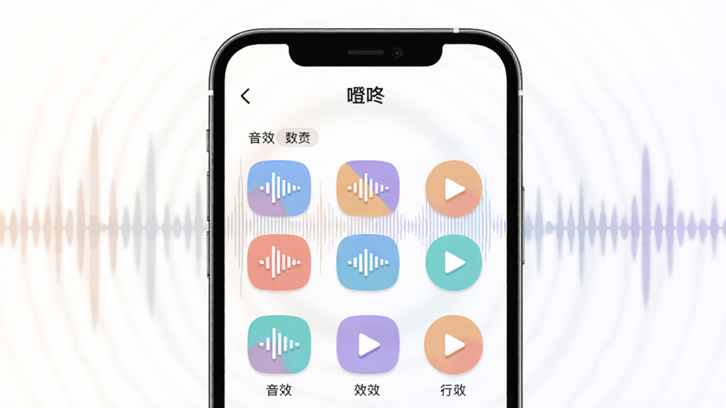 画面中央展示一部智能手机,屏幕上打开着“噔咚”软件的主界面,界面中排列着多个彩色声音波形图标和播放按钮,背景是柔和的声波扩散图案,整体布局简洁清晰,采用扁平化现代设计风格,细节上突出播放按钮和音效分类标签,画质高清,干净明亮,无多余元素