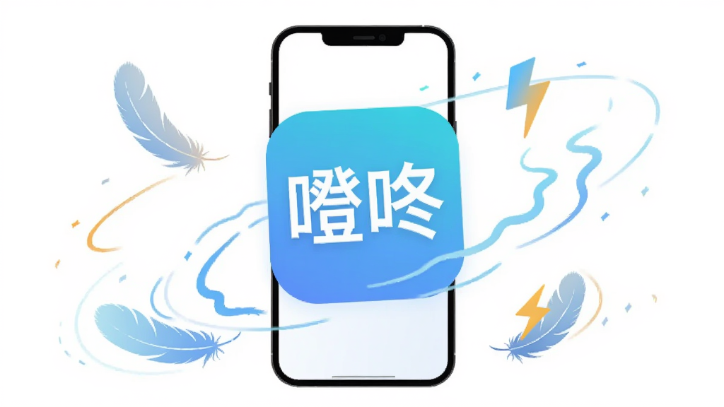 一部手机屏幕显示“噔咚”软件界面,周围环绕着轻量化的羽毛和闪电图标,象征运行快速且不占资源,背景为纯白色,布局简洁居中,风格为极简矢量插画,细节上突出软件图标和流畅的动画线条,画质锐利,干净无任何多余元素