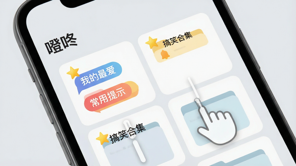 一个虚拟的手机界面,屏幕中展示“噔咚”的收藏夹页面,多个彩色标签和文件夹整齐排列,有“我的最爱”“常用提示”“搞笑合集”等分类,背景是淡雅的浅灰色,布局采用卡片式设计,风格清新简约,细节上突出星标收藏图标和拖拽排序手势,画质高清,干净无多余元素