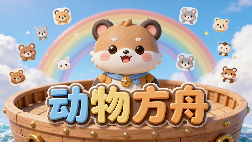 一只可爱的卡通动物站在巨大的方舟甲板上,背景是蓝天白云和彩虹,周围漂浮着各种小动物图标,画面中央用醒目的立体字体写着