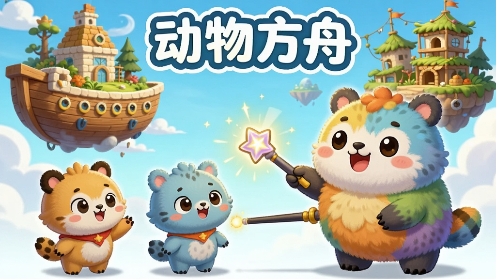 一只卡通动物正在用魔法棒点击两只小动物,两只小动物合成后变成一只更大的彩色动物,背景是漂浮的方舟和建造中的栖息地,画面中央有