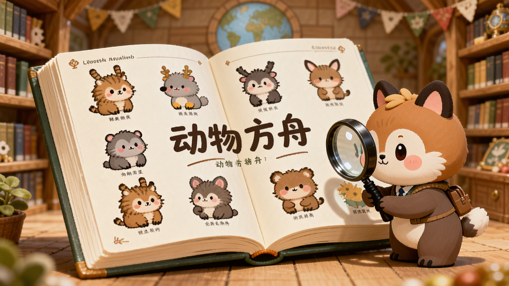 一本展开的动物图鉴书籍,书页上展示着各种卡通动物插图,旁边有一只可爱的动物拿着放大镜观察,背景是方舟内部的书架和装饰,画面中央写着