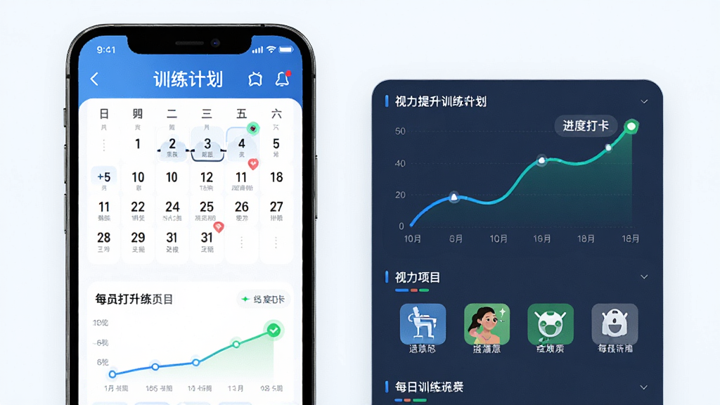 一张弱视训练会员版个性化训练方案的AI生图,主体为手机界面展示训练计划日历与进度曲线,布局为左侧手机右侧数据面板,风格为现代医疗科技风,细节包含视力提升折线图、训练项目图标、每日打卡标记,画质高清,干净,无多余元素