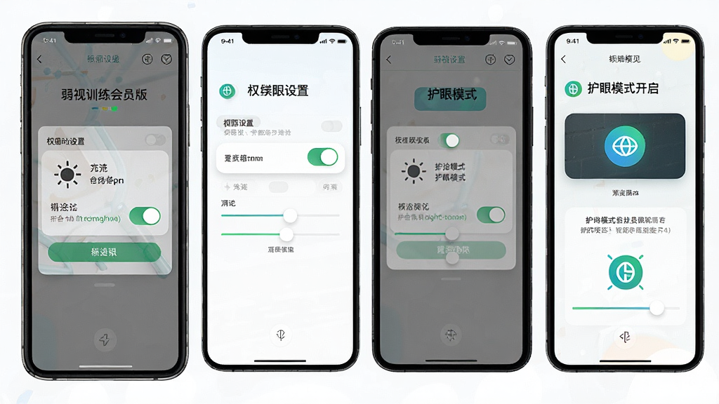 一张弱视训练会员版新手操作指引的生图,主体为手机屏幕展示权限设置与护眼模式开启步骤,布局为分步截图排列,风格为清新教程风,细节包含权限开关按钮、亮度调节滑块、护眼图标,画质高清,干净,无多余元素