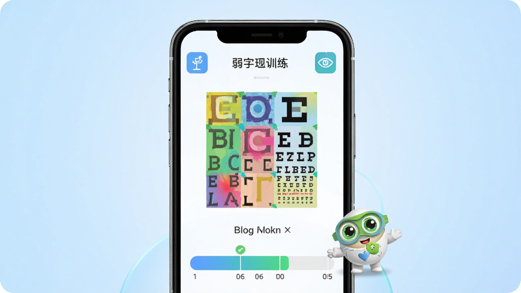 一张展示弱视训练会员版软件界面的预览图,主体为手机屏幕内显示彩色视觉训练图案与训练进度条,布局为居中展示手机正面,背景为浅蓝色渐变,风格为清爽科技风,细节包含训练图标、视力表元素、卡通护眼吉祥物,画质高清,干净,无多余元素