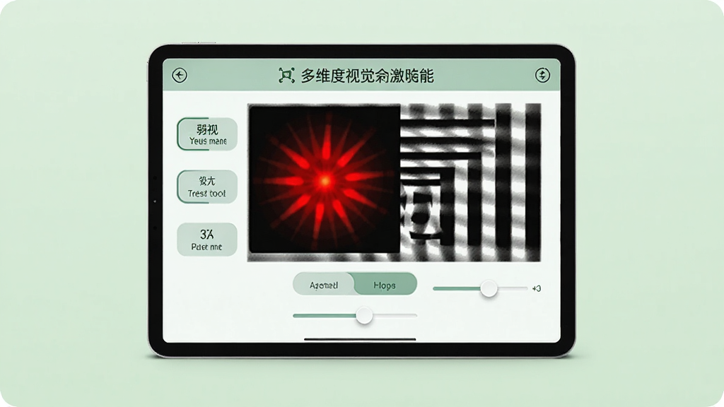 一张弱视训练会员版多维度视觉刺激功能的生图,主体为平板电脑屏幕展示红光闪烁与光栅条纹图案,布局为居中展示平板设备,背景为柔和护眼绿色,风格为专业医疗训练风,细节包含多种视觉刺激模式切换按钮、参数调节滑块,画质高清,干净,无多余元素